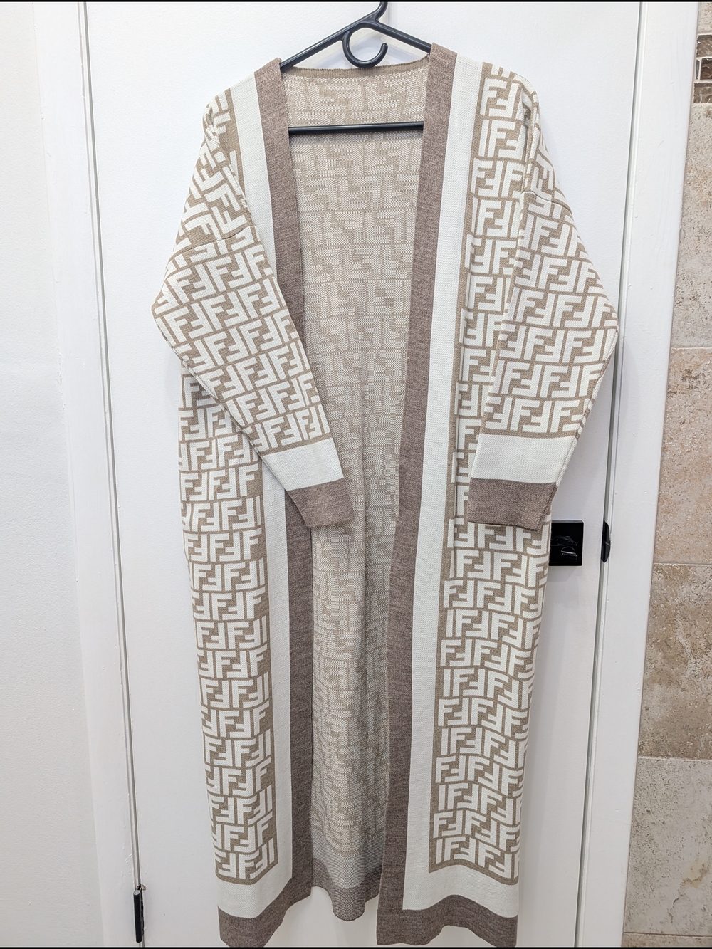 Monogram Knit Duster Wool Cardigan in Beige & Cream Long Colorblock